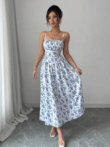 Elenzga 女士优雅浪漫波西米亚风假日褶皱系带蝴蝶结花卉白蓝中长连衣裙 - 藍白色 - 查看 4