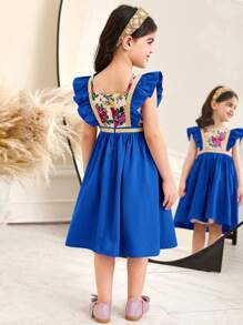 SHEIN Young Girl's Woven Color-Block Ditsy Floral Collared Ruffle Hem Fitted Dress - Blue - View 2