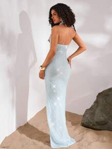 Opulessa 女士纯色亮片镂空交叉领修身连衣裙、女士度假装、度假背心裙、海滩度假装、热带度假女装、女士夏装、背心裙、露背连衣裙、连衣裙、优雅连衣裙、女士优雅连衣裙