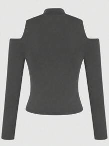 INAWLY 女士露肩长袖修身休闲 T 恤 - 紅色和黑色 - 查看 3