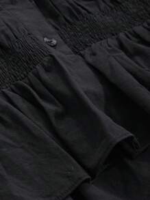 DAZY 女式纯色荷叶边修身长袖衬衫，秋季服装 - 黑色 - 查看 6
