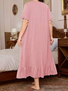 Trezura Plus Size Soft & Comfortable Knit Midi Dress With French Vintage Gown Inspired Floral Lace & Mesh Panels, Casual Loungewear, Pale Pink