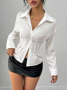 Almamuse Petite Women Solid Color Pleated Waist Casual Shirt Fall Cloth For Women - White - View 1