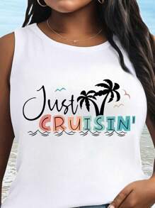 SHEIN LUNE Plus Size Casual Coconut Tree & Letter Print Tank Top For Holiday - White - View 3