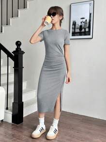 SHEIN Tienermeisjes Rib gebreide taille gerimpelde split casual jurk
