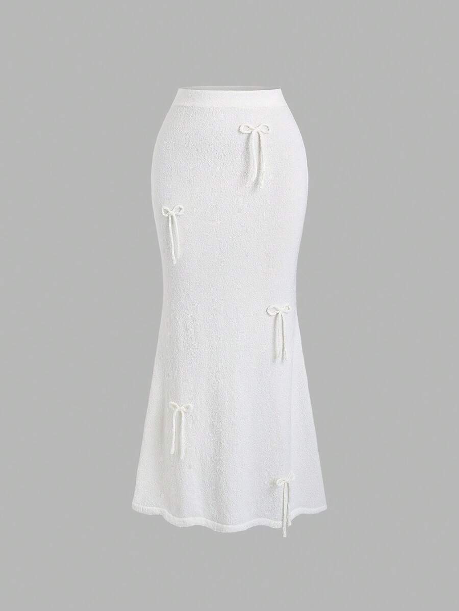 Sweetra Spring/Summer New White Knit Bowknot Decor Cute Elegant Fitted Vacation Style Maxi Knit Fishtail Skirt - White - View 1