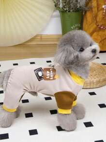 PETSIN 咖啡棕色休闲 Luckyday 熊与星星印花宠物保暖连体睡衣，春夏季 - 咖啡棕 - 查看 2