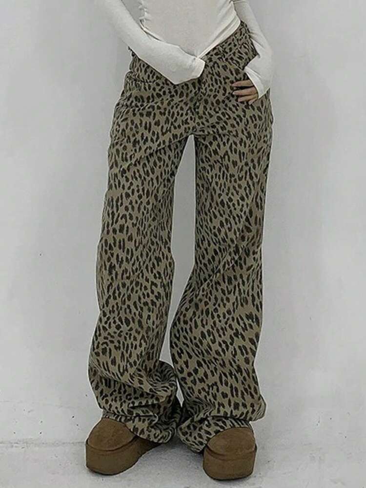 Women's Fashion Leopard Print Low-Waist Extra Long Pants Low Rise