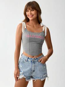 SHEIN LUNE 音乐节赛马运动背心，系带，西部风格乡村风格吊带背心 - 灰色 - 查看 5