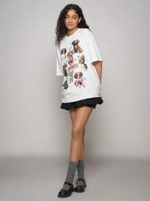 Easelle Camiseta de calle para mujer con cuello redondo, mangas caídas y estampado de perro con letra