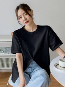 Dazy-Less 女士纯色圆领短袖开衩休闲T恤，夏季商务休闲女式工作服 - 黑色 - 查看 2