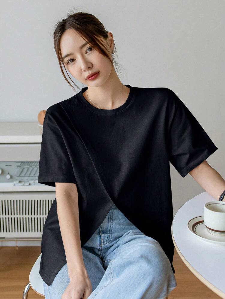 Women's Solid Color Round Neck Short Sleeve Split Hem Casual T-Shirt, Summer Business Casual Woman Work Clothes