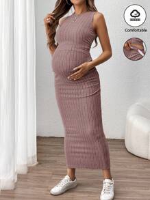 SHEIN Maternity Solid Color Cropped Tank Top And Skirt 2 Pieces Set - Pink - View 5