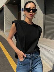 DAZY Solid Shoulder Pad Tee Y2k - Black - View 6
