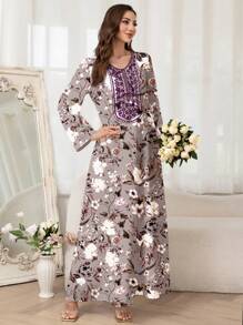 Al Najma 女士优雅花卉印花阿拉伯风格连衣裙，端庄 - 粉色 - 查看 6