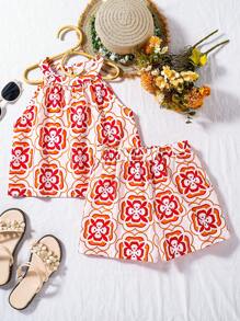 SHEIN Set de 2 piezas de top halter estampado y shorts casuales de estilo de vacaciones de verano para niñas pre-adolescentes, talla grande