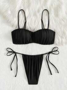 Swim Vcay 2pcs/Set Women Beach Summer Outfit, Solid Color Underwire Supportive Top And Side Tie Swim Shorts Elegant Bikini Sets