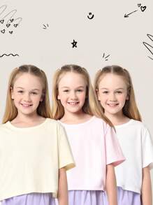 SUMWON 3 Paquetes de camisetas básicas de corte corto para niñas preadolescentes, camisetas de manga corta de mezcla de algodón suave para el verano y la primavera, ropa casual de colores pastel para el fin de semana
