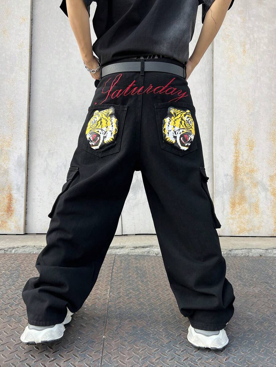 Manfinity EMRG Men's Tiger Print Cargo Denim Pants - Black - View 1