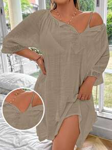Swim Lushoire Women Plus Size Solid Color Raglan Sleeve Drawstring Loose Cover Up Shorts Dress, Casual & Flattering For Beach Resort For Summer Beach Vacation - Khaki - View 1