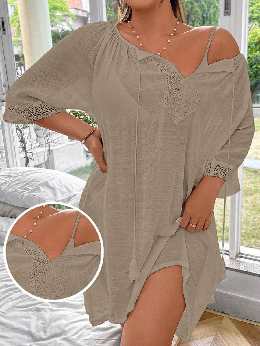 Swim Lushoire Women Plus Size Solid Color Raglan Sleeve Drawstring Loose Cover Up Shorts Dress, Casual & Flattering For Beach Resort For Summer Beach Vacation - Khaki - View 1