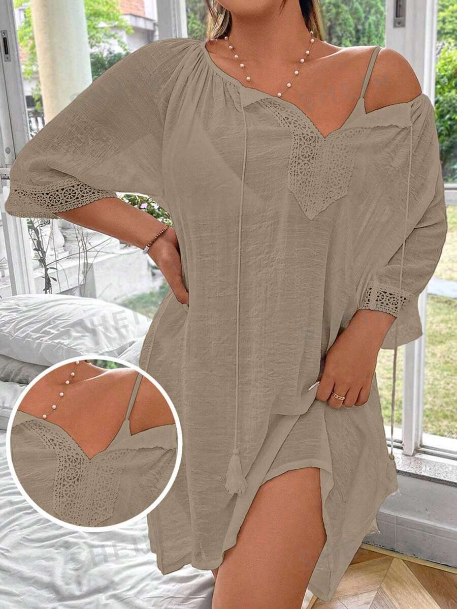 Swim Lushoire Vestido de cubrir suelto con mangas raglán y cordón para mujer talla grande de unicolor, casual y favorecedora para playa y resort - Caqui - Ver 1