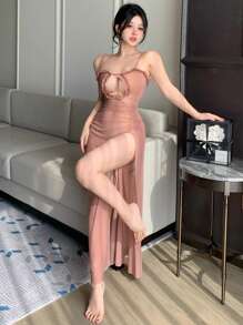 DAZY Sheer Mesh High Slit Hollow Out Ruffle Trim Lingerie Slip Dress, Sexy - Dusty Pink - View 7