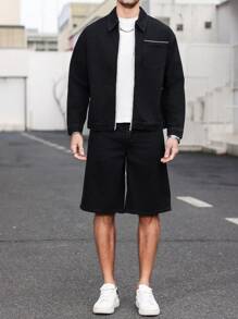 Manfinity Homme Men's Denim Set With Zip Up Jacket & Shorts, Minimalist & Fashionable, Suitable For Summer - Black - View 6