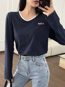 Dazy-Less Color-Blocked Long Sleeve T-Shirt With Letter Embroidery Old Money Style,Fall Clothes - Navy Blue - View 2