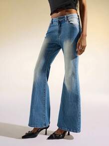 Easelle Jeans acampanados de tiro bajo con lavado vintage a rayas - Azul - Ver 4