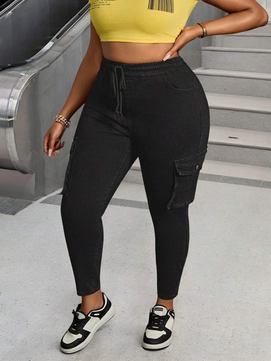 Slaydiva Jeans Skinny Fit Cintura Alta Elástica Plus Size - Preto - Visão 1