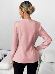 SHEIN Clasi Women's Elegant Solid Color Casual/Office Trapezium Collar Long Sleeve Shirt With Metal Buttons, A-Line Cut, Apricot Color, Spring/Autumn/Winter - Pink - View 2