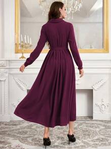 Modelyn Simple Button Front Belted Collar Long Sleeve Modest Dress Long Evening Dresses Fall Cloth For Women - Purple - View 5