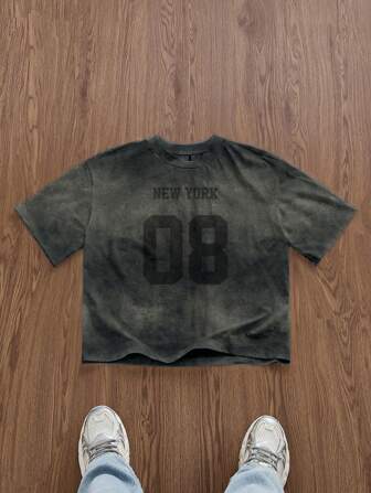 Manfinity Unisex 男士街头风数字印花宽松短款T恤，简约时尚，适合夏季、上学、情侣穿着