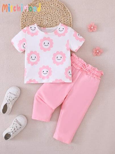 女宝宝粉色可爱笑脸和花朵印花休闲舒适短袖上衣和裤子两件套婴儿服装婴儿服装套装婴儿服装套装