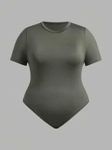 Solflare Plus Size Basic Round Neck Short Sleeve Bodysuit - Multicolor - View 4