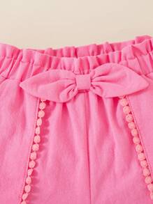 SHEIN Girls' Casual Polka Dot Print Floral Trim Ruffle Hem Elastic Waist Shorts With Pockets, Lightweight Cotton Blend Fabric, Adorable Design Lace - Pink - View 7