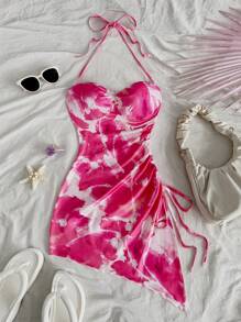 Soleia Vacation Casual Halter Drawstring Asymmetric Hem Tie-Dye Bodycon Dress - Pink - View 3