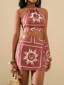 Travachic 2pcs Set Sun & Moon Graphic Halter Top And Skirt, Vacation Co-Ord Summer Clothes Women Two Pieces Outfits