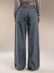Forever 21 Autumn/Winter New Straight Leg Low Rise Unique Jacquard Stripe Casual Versatile Dark Wash Denim Jeans
