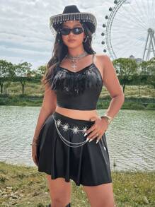 Flirla Plus Size 2pcs Set: Sequin & Tassel Decor Boho Spaghetti Strap Crop Top And Bubble Mini Skirt, Suitable For Festival, Hippie, Cowgirl, Old Money Style - Black - View 2