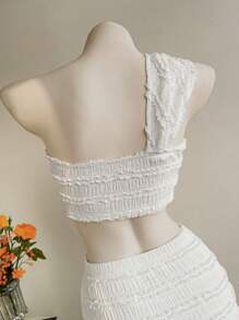 SHEIN Unity White Knit Jacquard Texture One-Shoulder Cropped Top With Drawcord Ruffle Asymmetrical Hem Skirt, Chic Design Casual Resort Matching Set - White - View 4