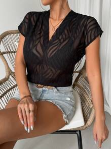 Calvaya Ladies' V-Neck Jacquard Blouse,Short Sleeve Tops