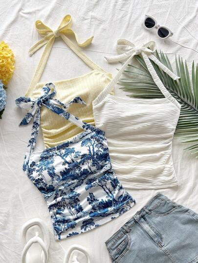 Soleia 多色新款优雅度假休闲针织纹理印花细肩带系带背心上衣，春假、圣帕特里克节、复活节女士、音乐会女士、优雅、度假、商务休闲女士、西部、可爱、波西米亚风、乡村、端庄、街头服饰、热带、辣妹、花卉、露背