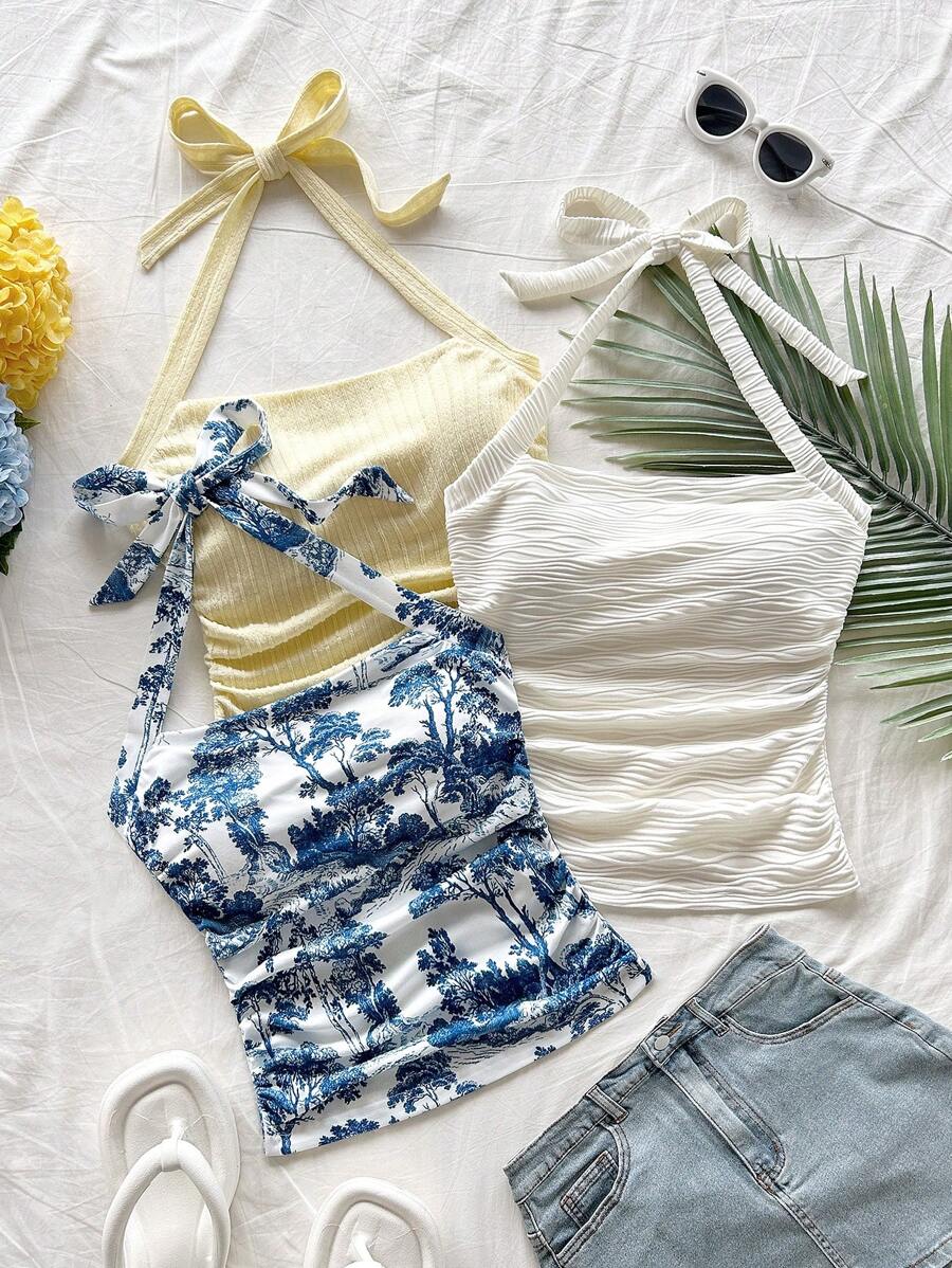 Soleia Multicolor New Elegant Vacation Casual Knit Texture Printed Spaghetti Strap Tie Back Camisole Top,Spring Break, Saint Patrick,Easter Women,Concert Women,Elegant,Vacation,Business Casual Woman ,Western,Cute,Boho,Country ,Modest,Streetwear,Tropical,Gyaru, Floral,Backless - Multicolor - View 1