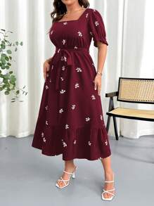 DreamSkyne Plus Size Women's Floral Print Square Collar Elastic Waist Puff Sleeve Dress - Multicolor - View 5