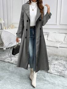SHEIN Clasi 女士秋冬翻领双排扣休闲外套 - 黑色 - 查看 3