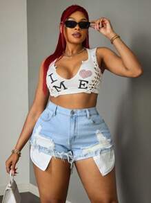 SHEIN SXY Plus Size Women Non-Stretch Blue Denim Ripped Shorts Women Summer Outfits - Blue - View 6