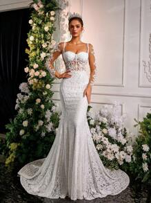 Glamrae 优雅蕾丝刺绣美人鱼长裙，可拆卸拖尾，长袖，露背，适合婚礼、派对、蜜月、新娘