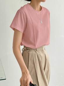 Dazy-Less Blusa con detalle de costura sólida, estilo casual de negocios para mujer trabajadora - Rosa Pálido - Ver 5